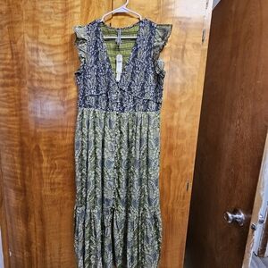 Anthropologie Olive Green and Navy Paisley Maxi Dress